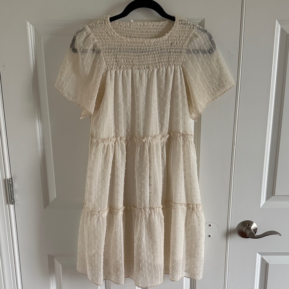 Beachsissi cottagecore whimsical Cream Tiered Smocked Swiss Dot Babydoll Small